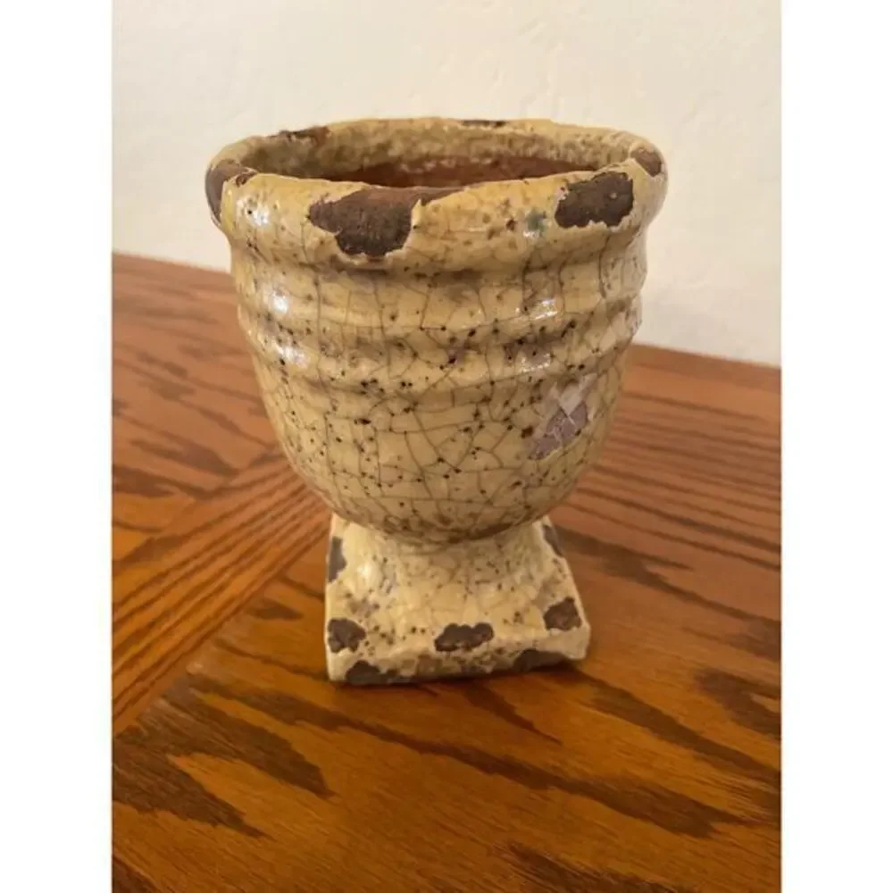 Rustic Terracotta Footed Cachepot with Raku Glaze in Muted Butter Color